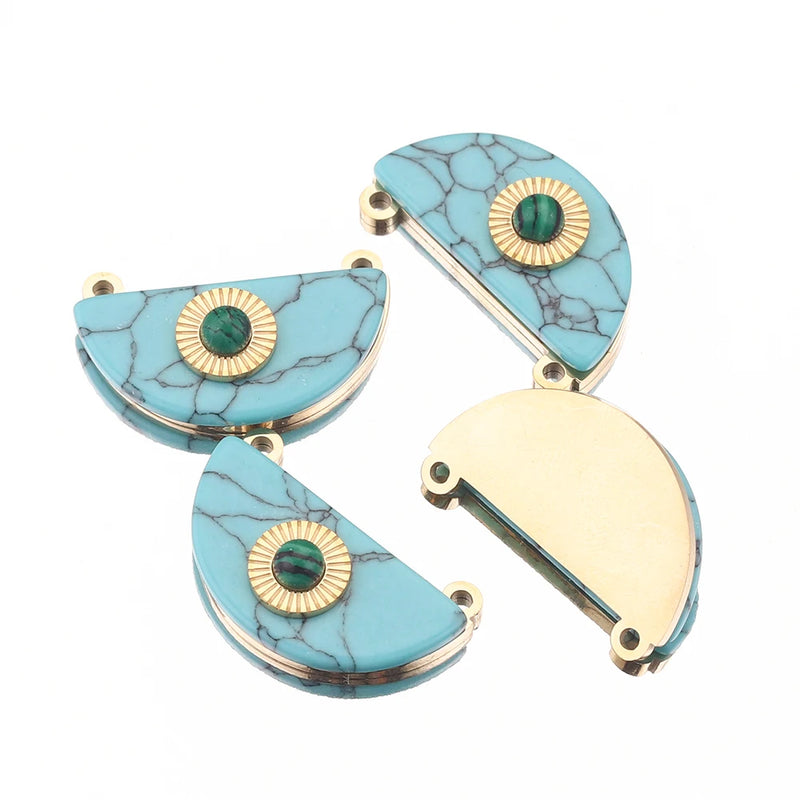4pcs Gold-Plate Natural Stone Stainless Steel Boho Charms Sun Green Semicircle