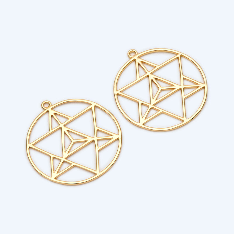4pcs Star Pendants 35x39mm, 18K Plated Brass, Geometric Round Hexagram Charm
