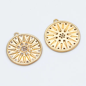 4pcs CZ Paved Sun Disc Charms 18K Plated Brass