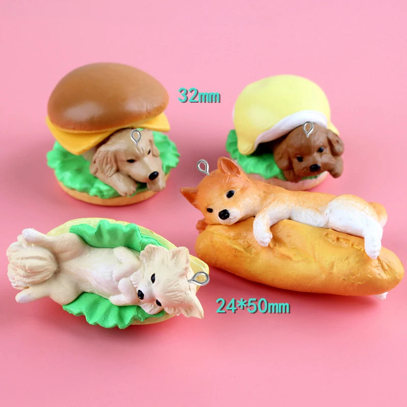 4pcs Golden-haired Bread Puppy Charms - Hand-made PVC Enamel Set