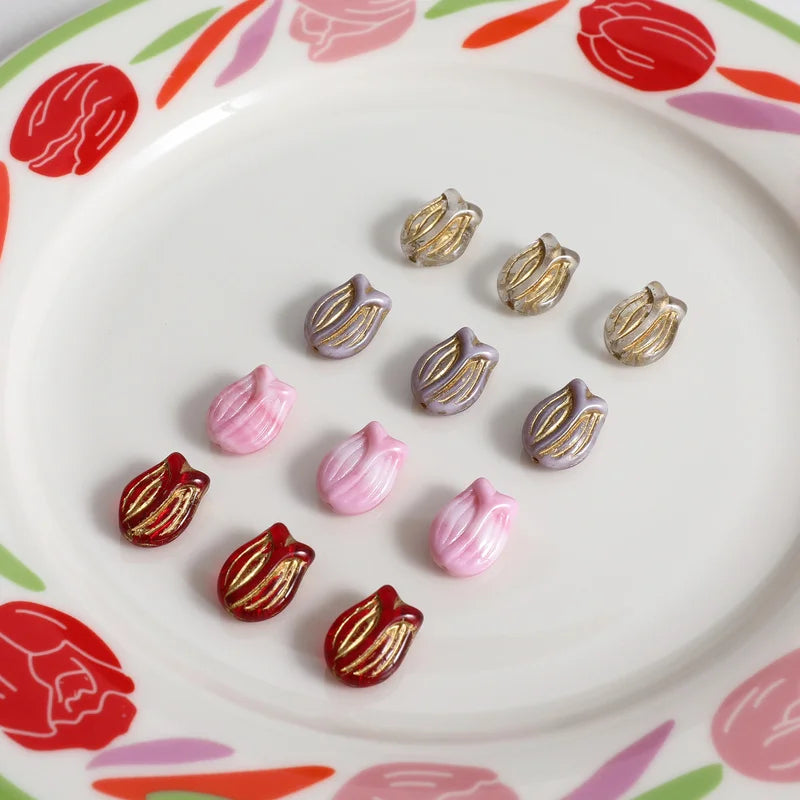 4pcs Czech Glass Vintage Tulip Flower Beads DIY Earrings Hairpin Accessory