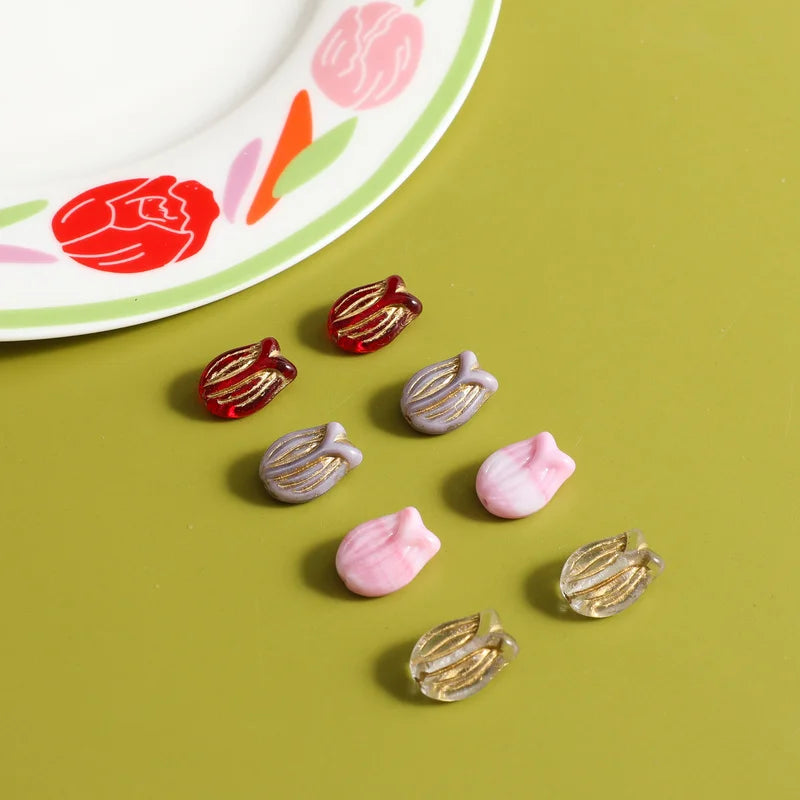 4pcs Czech Glass Vintage Tulip Flower Beads DIY Earrings Hairpin Accessory