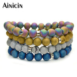 4pcs Druzy Agate Round Beads Bracelets with Lucky Cat Charms - Many Colors