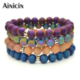 4pcs Druzy Agate Round Beads Bracelets with Lucky Cat Charms - Many Colors