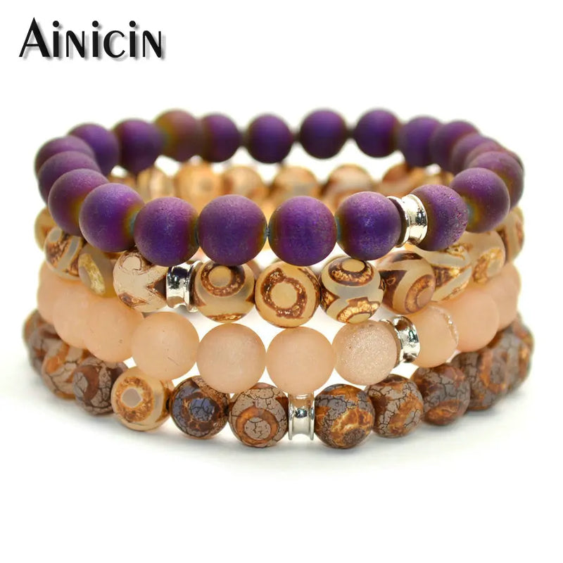 4pcs Druzy Agate Round Beads Bracelets with Lucky Cat Charms - Many Colors