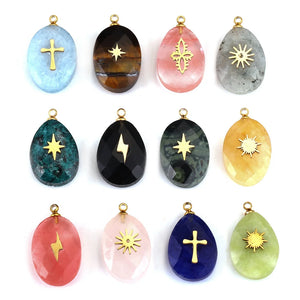 4pcs Natural Stone Water Drop Stainless Steel Charms Pendants