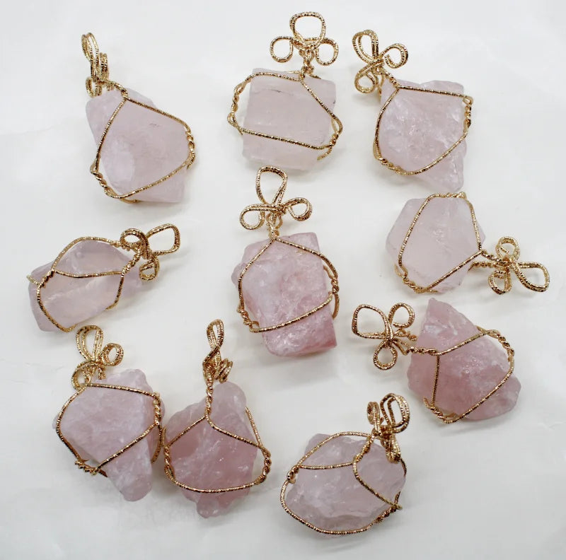 4pcs Natural Stone Quartz Crystal Pendant Gold Wire Wrapped for DIY Necklace