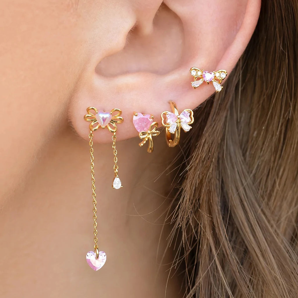 Pink Heart CZ Bowknot Earrings Set