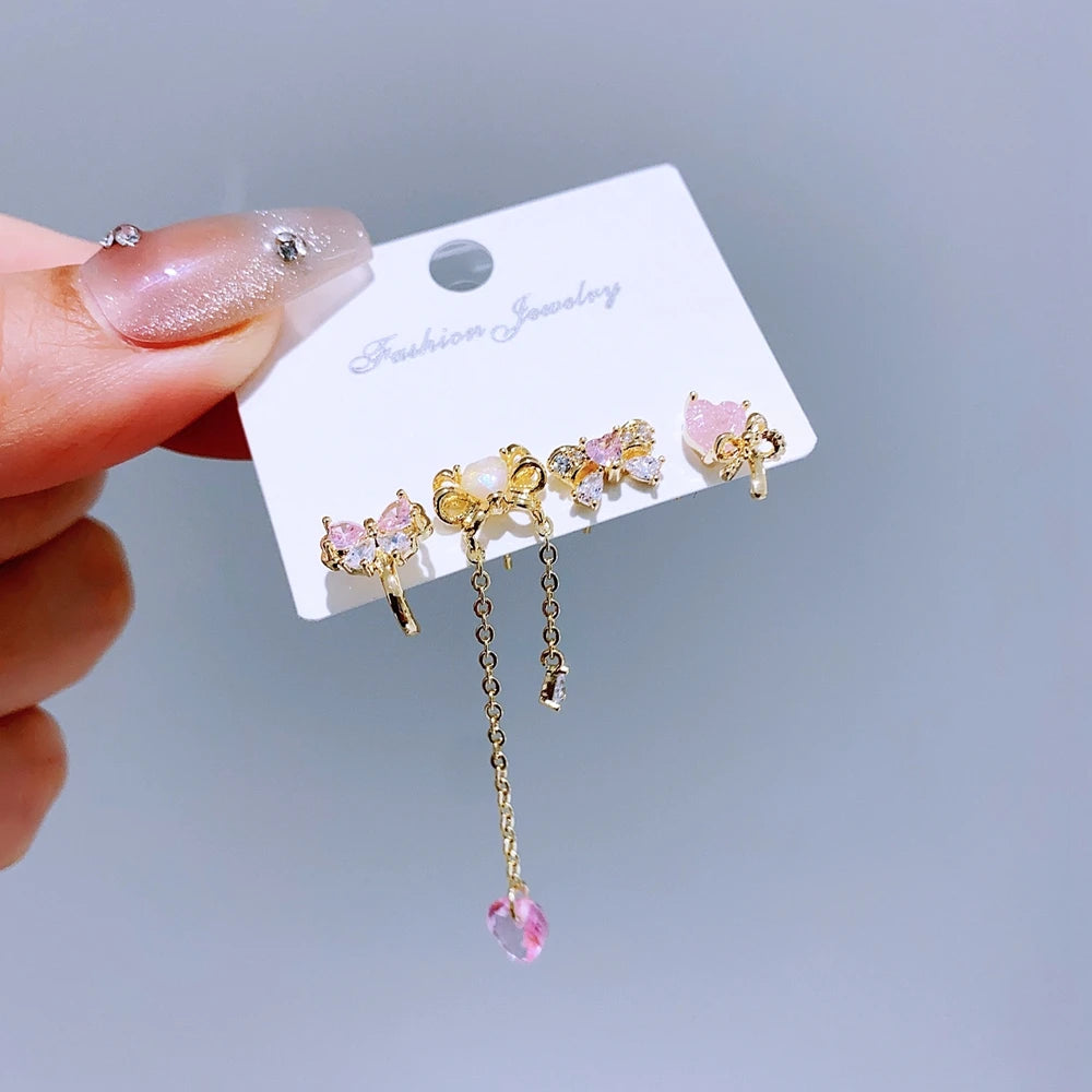 Pink Heart CZ Bowknot Earrings Set