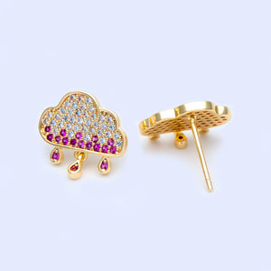 Rain Cloud CZ Stud Earrings, Brass Ear Posts 13mm