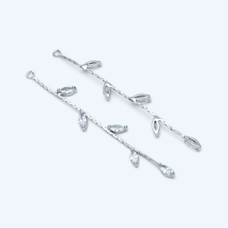 4pcs Rhodium Leaf Charm, CZ Paved Tassel Earring Parts