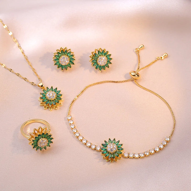 Green Stone Sunflower Jewelry Set for Women