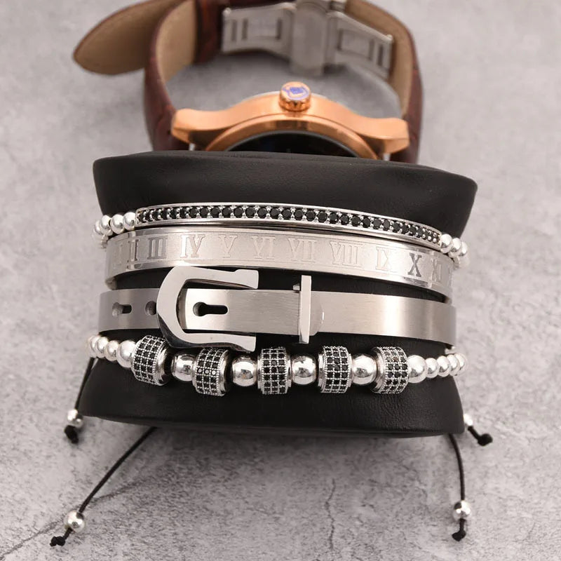 Men Titanium Steel Roman Numeral Bracelet Set