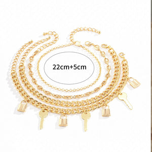 4pcs Geometric Lock Key Women Multi-layer Anklet Set