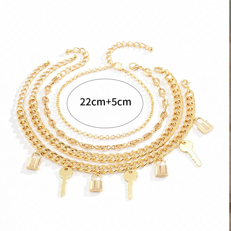 4pcs Geometric Lock Key Women Multi-layer Anklet Set
