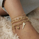 4pcs Geometric Lock Key Women Multi-layer Anklet Set
