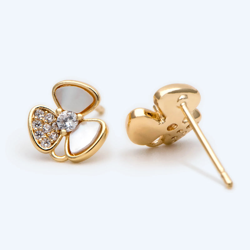 Shell Paved Flower Ear Posts, Plated Brass Stud Earrings