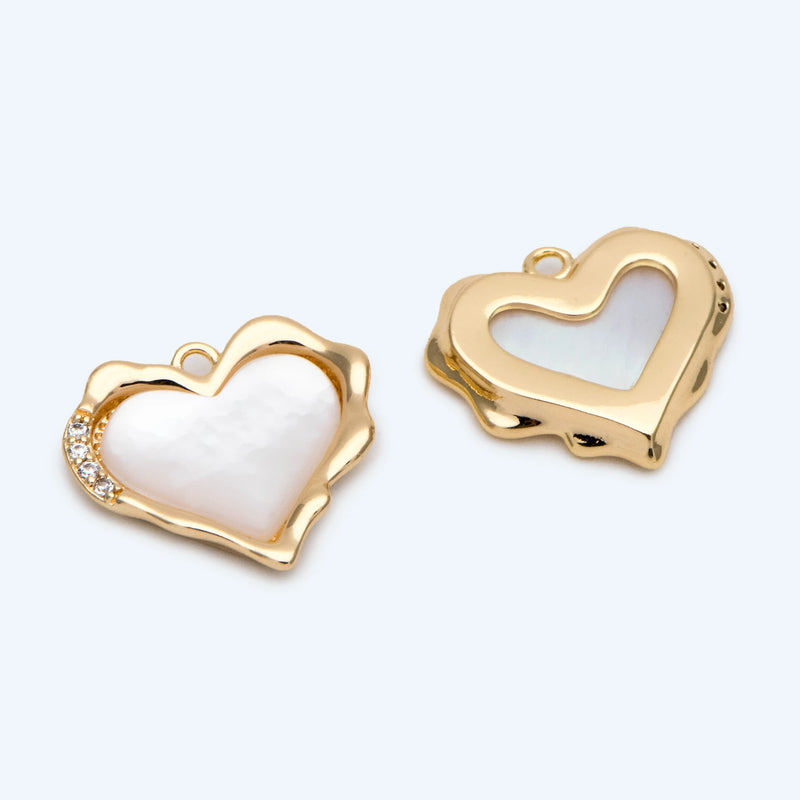 4pcs Shell Paved Heart Charms,18K Plated Brass Pendants