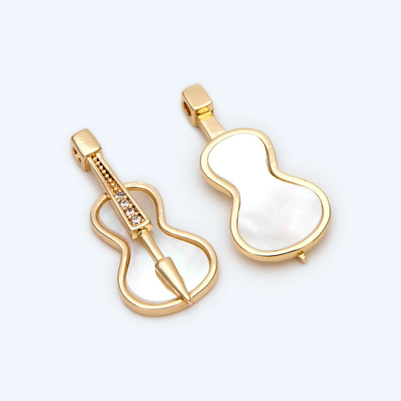 4pcs CZ Cello Pendants,18K Plated Brass, Shell Paved Charms, DIY Jewelry Making