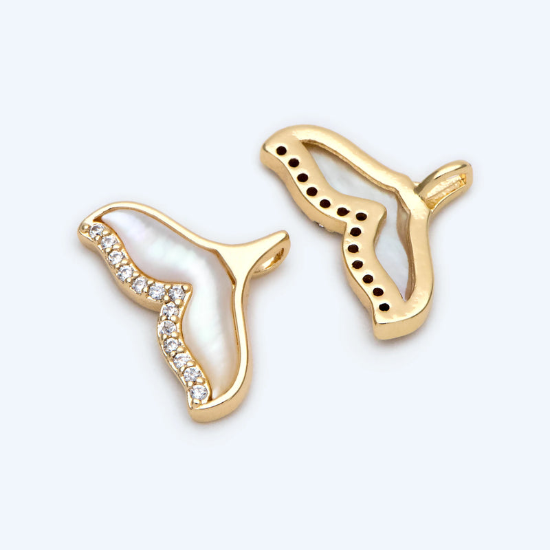4pcs Shell Paved Whale Tail Charms, CZ Micro Paved Mermaid Tail Pendants