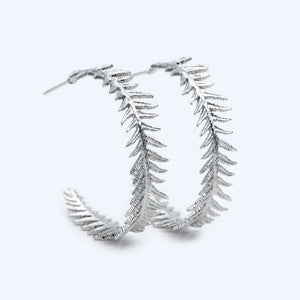 Feather Earring Studs, Rhodium Plated Brass, Round Circle Leaf Earring