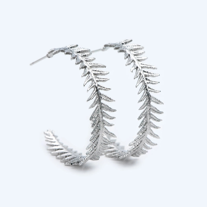 Feather Earring Studs, Rhodium Plated Brass, Round Circle Leaf Earring
