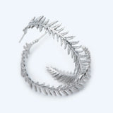 Feather Earring Studs, Rhodium Plated Brass, Round Circle Leaf Earring