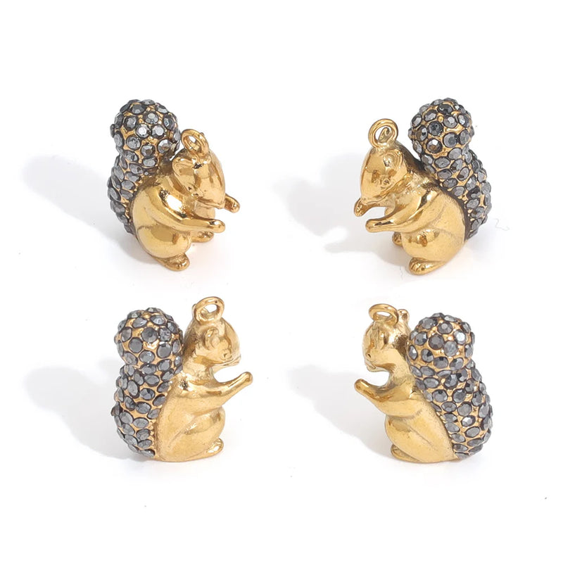 4pcs Stainless Steel 3D Squirrel Zircon Charms Pendants