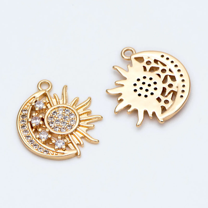 4pcs Sun Moon Charms 16x19mm 18K Plated CZ Pendants (GB-1947)