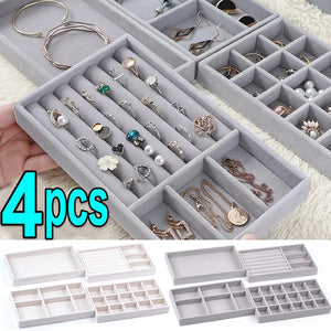 4pcs Velvet Stackable Jewelry Tray Case Organizer Box