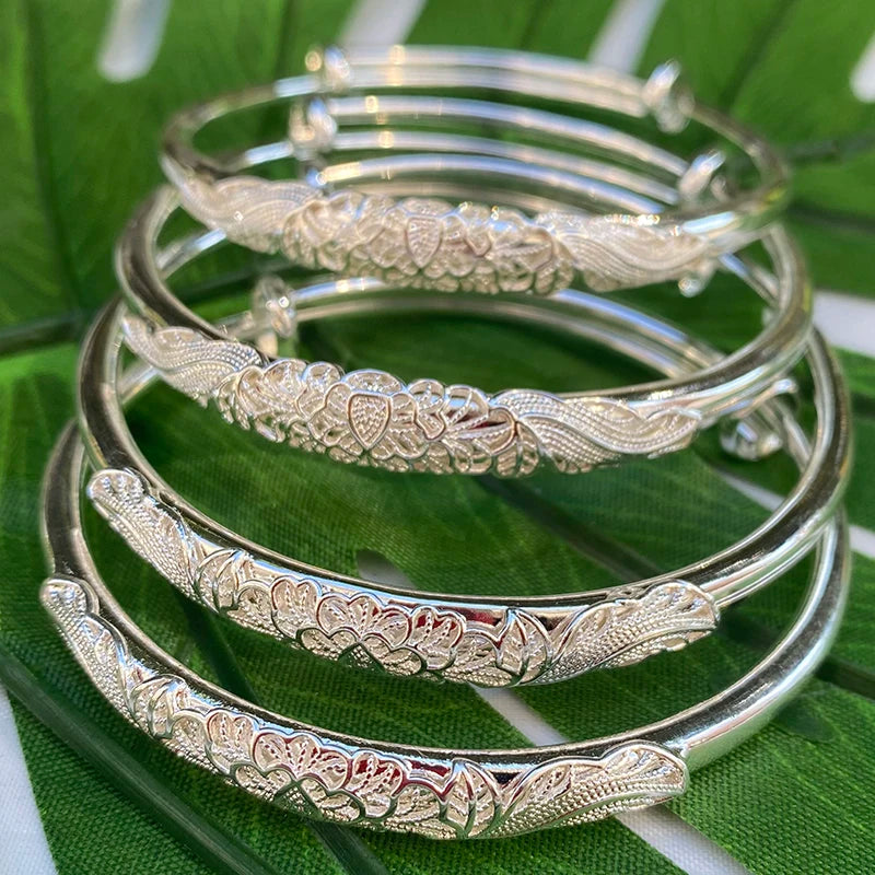 4pcs Silver Plated Adjustable Bracelets Hollow Bangles for Women