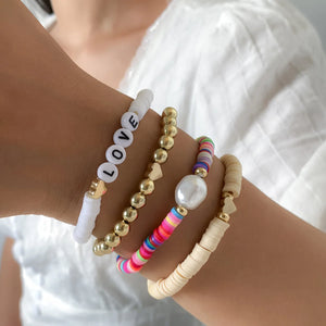Boho LOVE Charm Bracelet Set for Women Polymer Clay Disc Brush Friendship