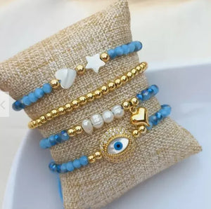 4pcs Lucky Eyes Eye Pendant Bracelets, 18k Plated Bead, Adjustable Drawstring