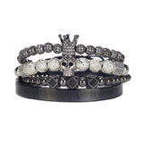 Men Bracelet Set Stainless Steel Skull Crown CZ Charms Bracelets