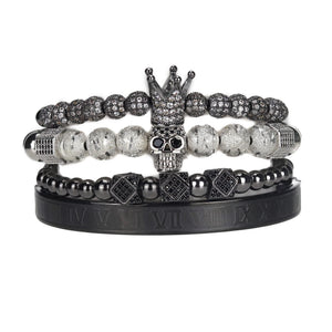 Men Bracelet Set Stainless Steel Skull Crown CZ Charms Bracelets