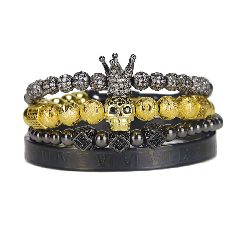 Men Bracelet Set Stainless Steel Skull Crown CZ Charms Bracelets