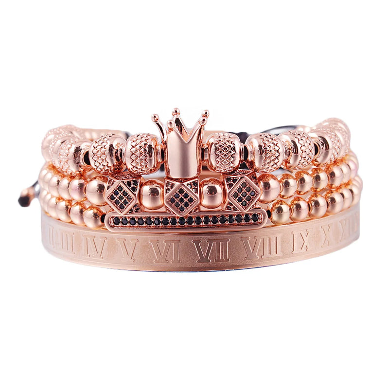 Royal King Bracelet Set Stainless Steel Beads Cz Charms Roman Bangle Men Jewelry