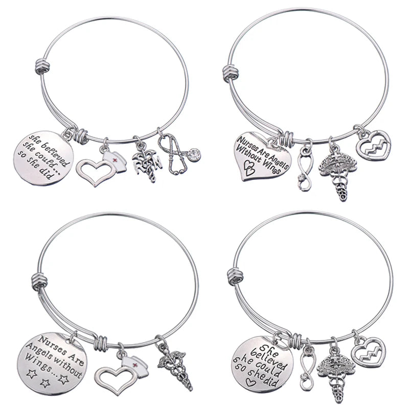 4pcs Silver Alloy Charms Wire Bracelets for Nurses SHE BELIEVED