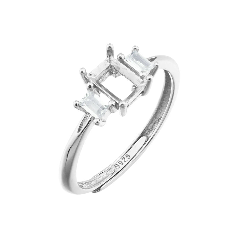3 Stone Rectangle Prong Ring Setting 925 Sterling Silver Rose Plated Adjustable
