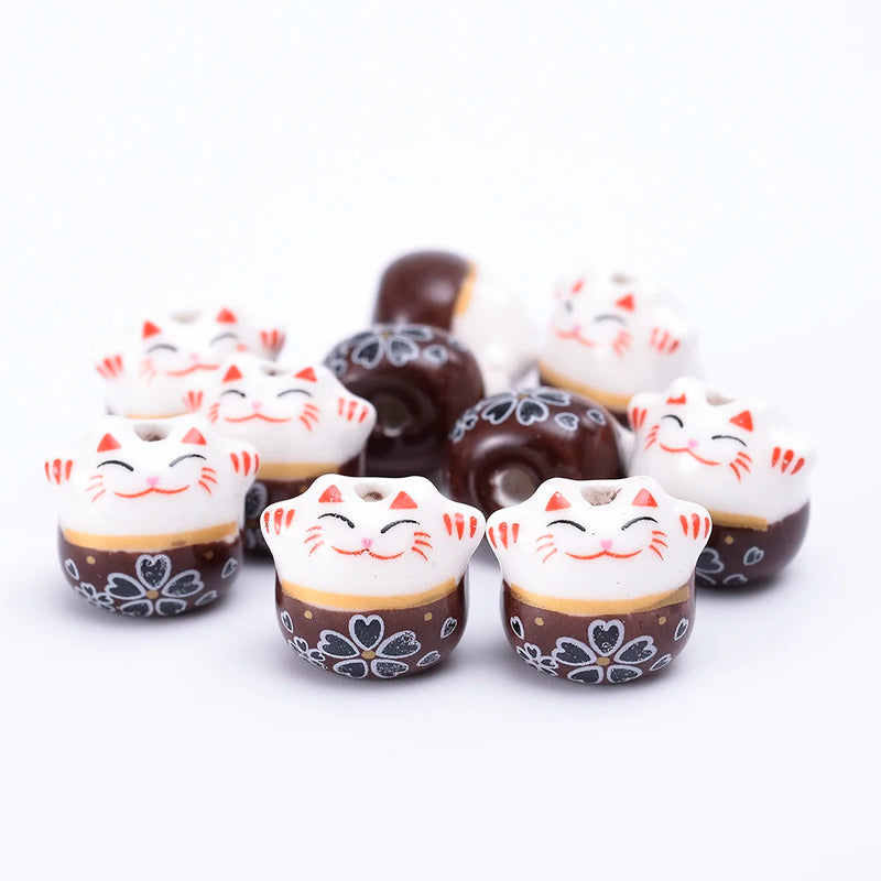 Colorful Ceramic Beads 14mm Porcelain Lucky Cat Animal Pattern Beads DIY Jewelry