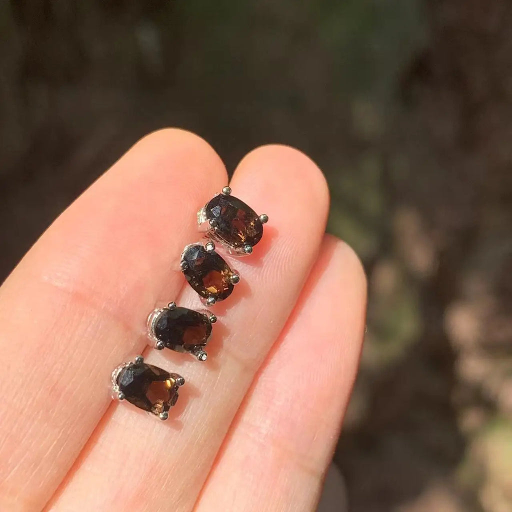 Smoky Crystal Quartz Stud Earrings 925 Silver Vintage Gift