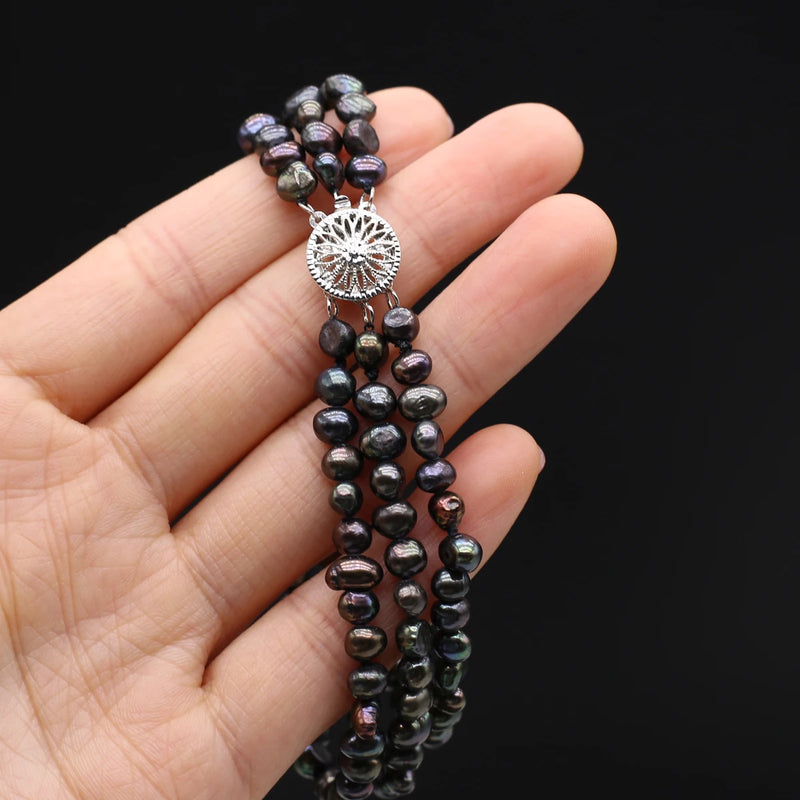 5-6mm Natural Pearl Bracelet Three Layer Bracelets Round Pearls Beaded Bangles
