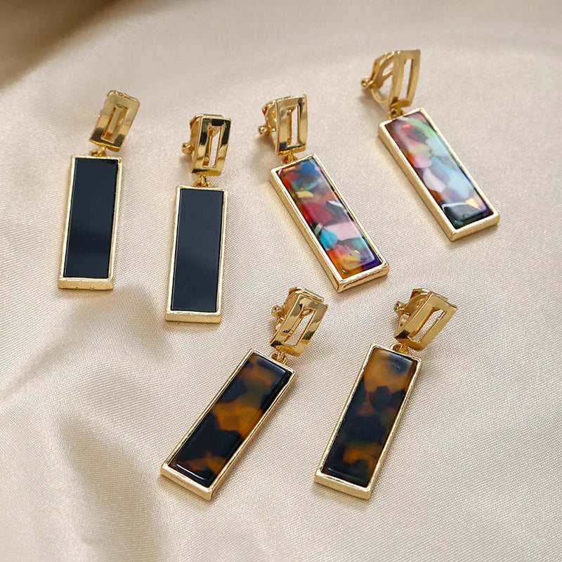 Korea Geometric Square Clip-on Earrings Golden Colorful Resin Ear Clips