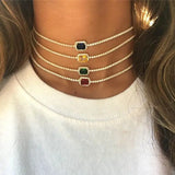 Micro Pave Rainbow Cz Square Charm Delicate Chain Necklace
