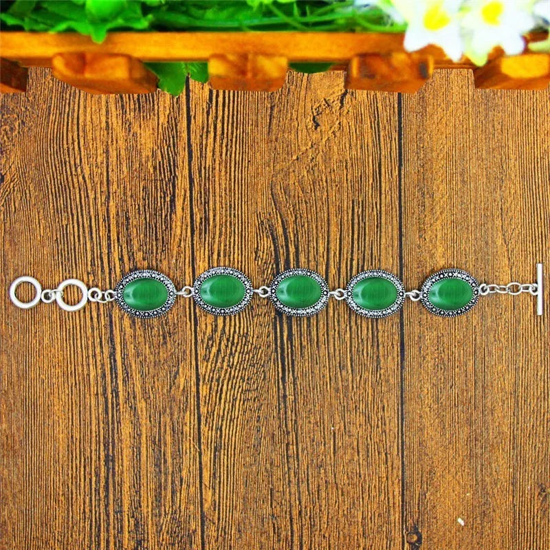 Vintage Oval Opal Bracelet Antique Silver Bangle TB333