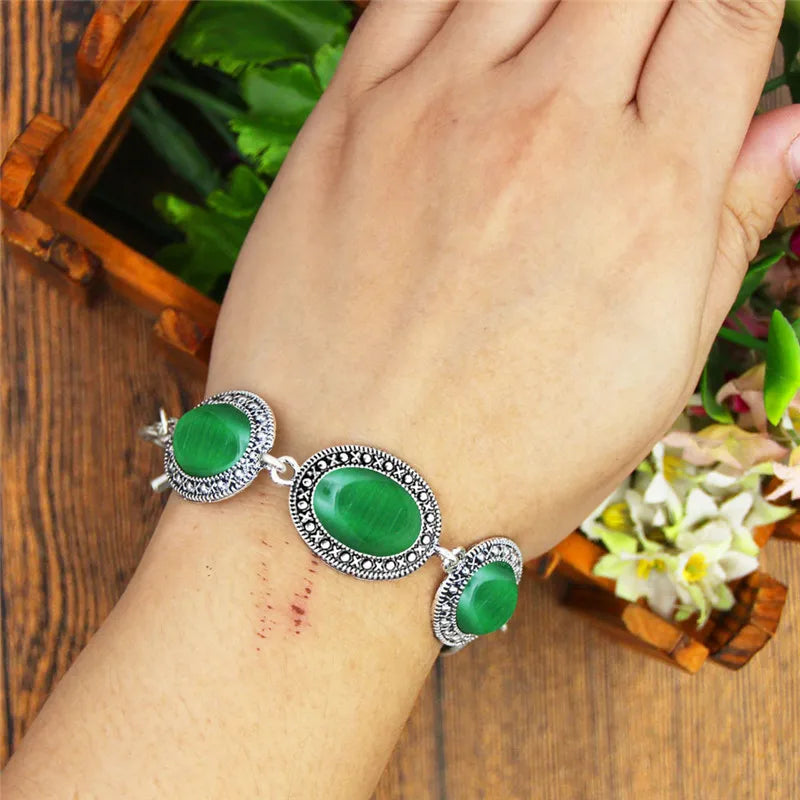 Vintage Oval Opal Bracelet Antique Silver Bangle TB333