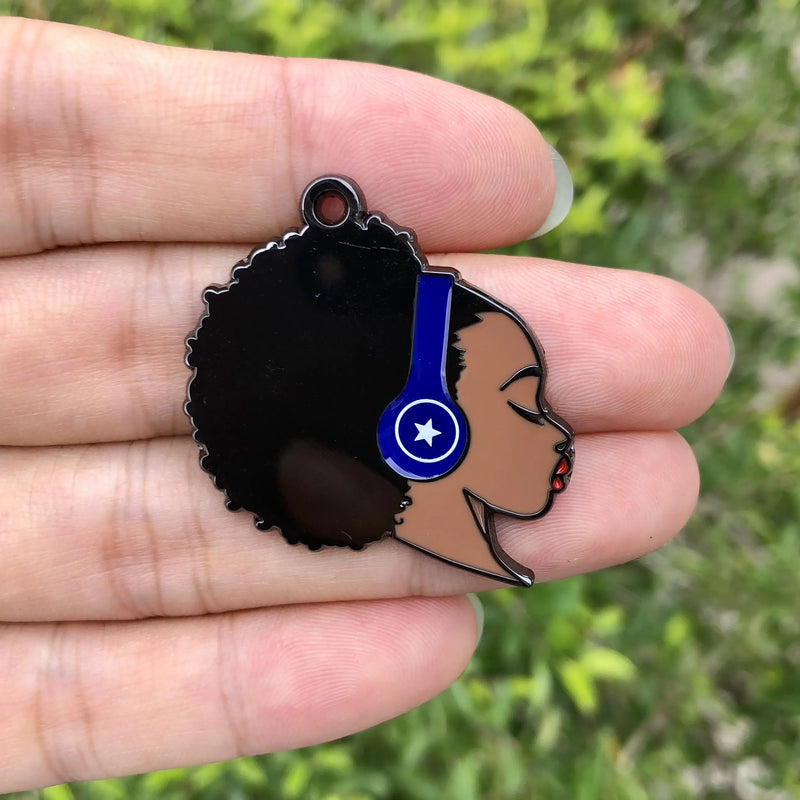 5 PCS Afro Girl With Earphone Charm Enamel Pendant