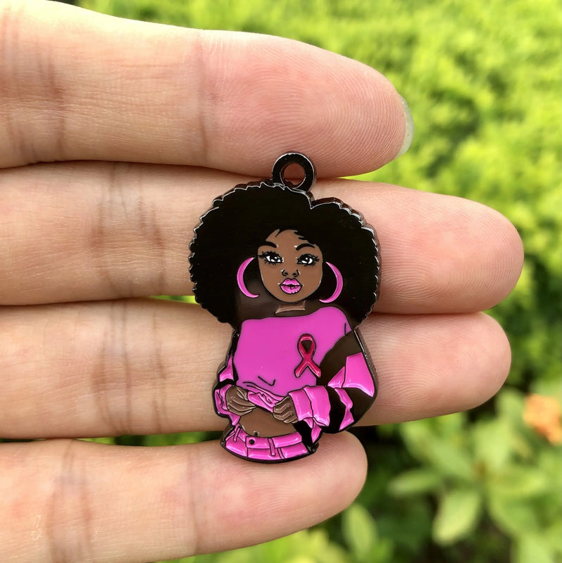 5 PCS Afro Girl Survivor Pink Ribbon Breast Cancer Charm Enamel Pendant