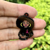 5 PCS Afro Girl Survivor Pink Ribbon Breast Cancer Charm Enamel Pendant