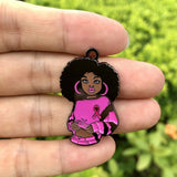 5 PCS Afro Girl Survivor Pink Ribbon Breast Cancer Charm Enamel Pendant
